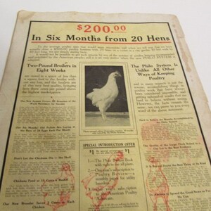 May include: A vintage magazine page advertising a poultry farming system called "The Philo System". The page features a white chicken, text about raising chickens, and a special introduction offer for $1. The text includes phrases like "Two-Pound Broilers in Eight Weeks" and "$200.00 in Six Months from 20 Hens".