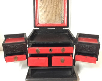 Vintage jewelry box, wood box, ornate box, antique box, Asian jewelry box, hand made, antique Chinese furniture, treasure box, brass