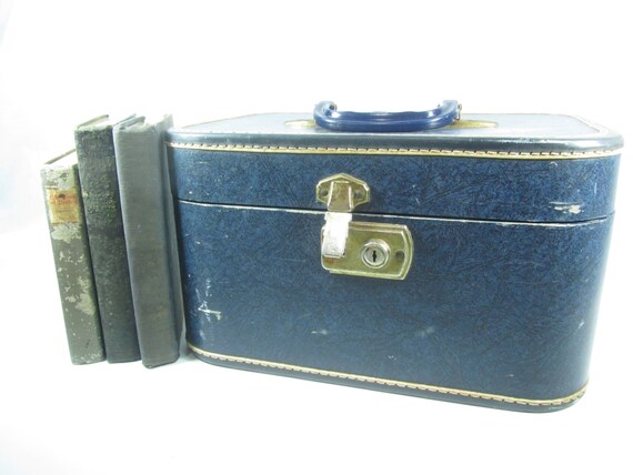 Vintage Mid Century 3pc Trojan HARD Suitcase Luggage Set Blue Train Case  Used