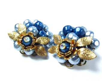 Blue pearl earrings, vintage earrings,1950s earrings,pearls and rhinestones, vintage jewelry,gift for her,