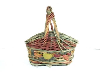 Basket, vintage, fall basket, wicker basket, handmade basket, medium basket, vegetable, orange, green,