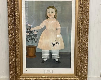 Antique framed art,huge Folk art painting, ornate wood frame,picture frame,print under glass, Gold Wood Frame, gild frame, antique picture,
