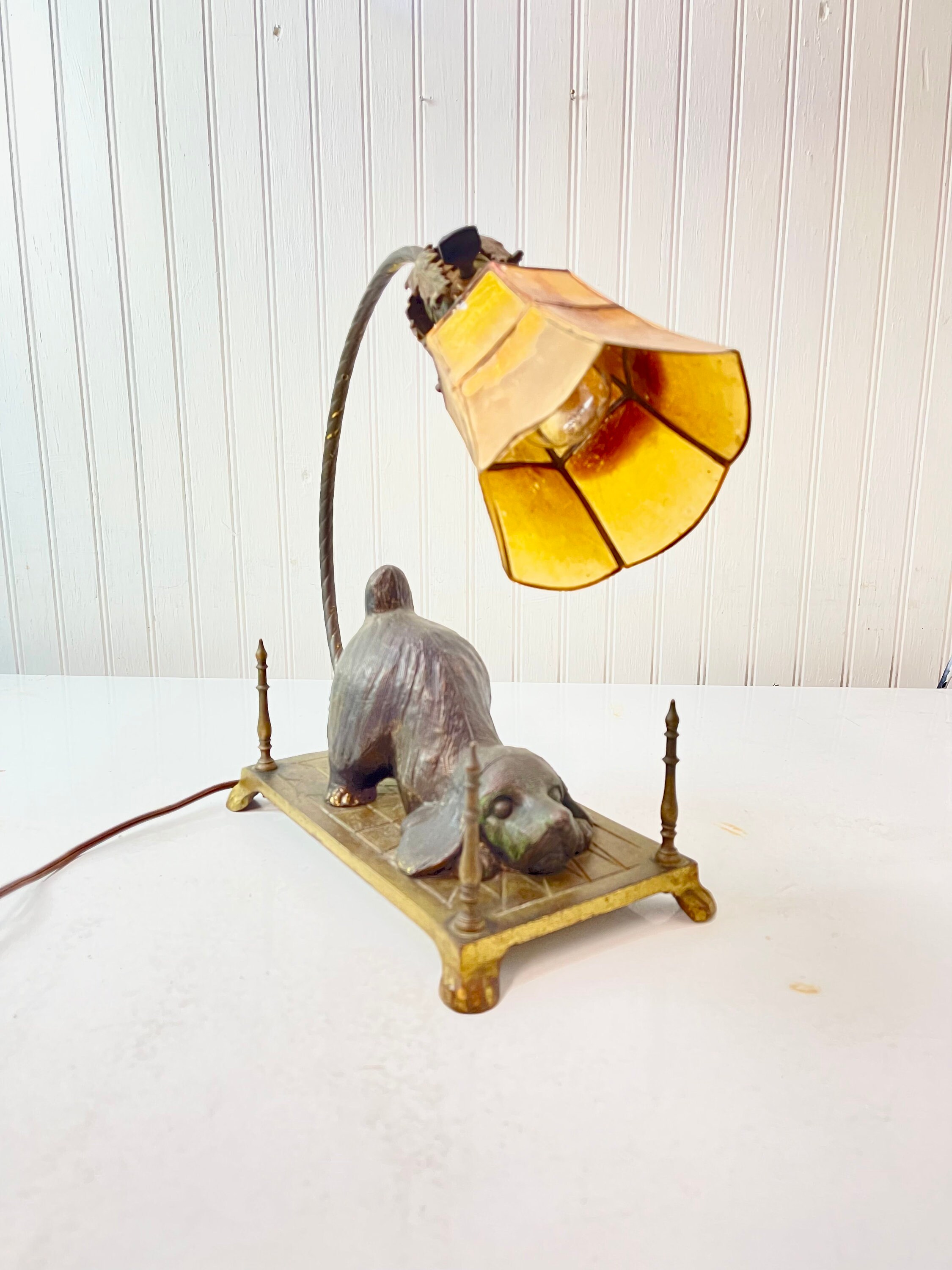 K Living Greyhound Animal Table Lamp In An Antique Copper Resin Table Lamp With A Natural Linen Lampshadehade By B&Q