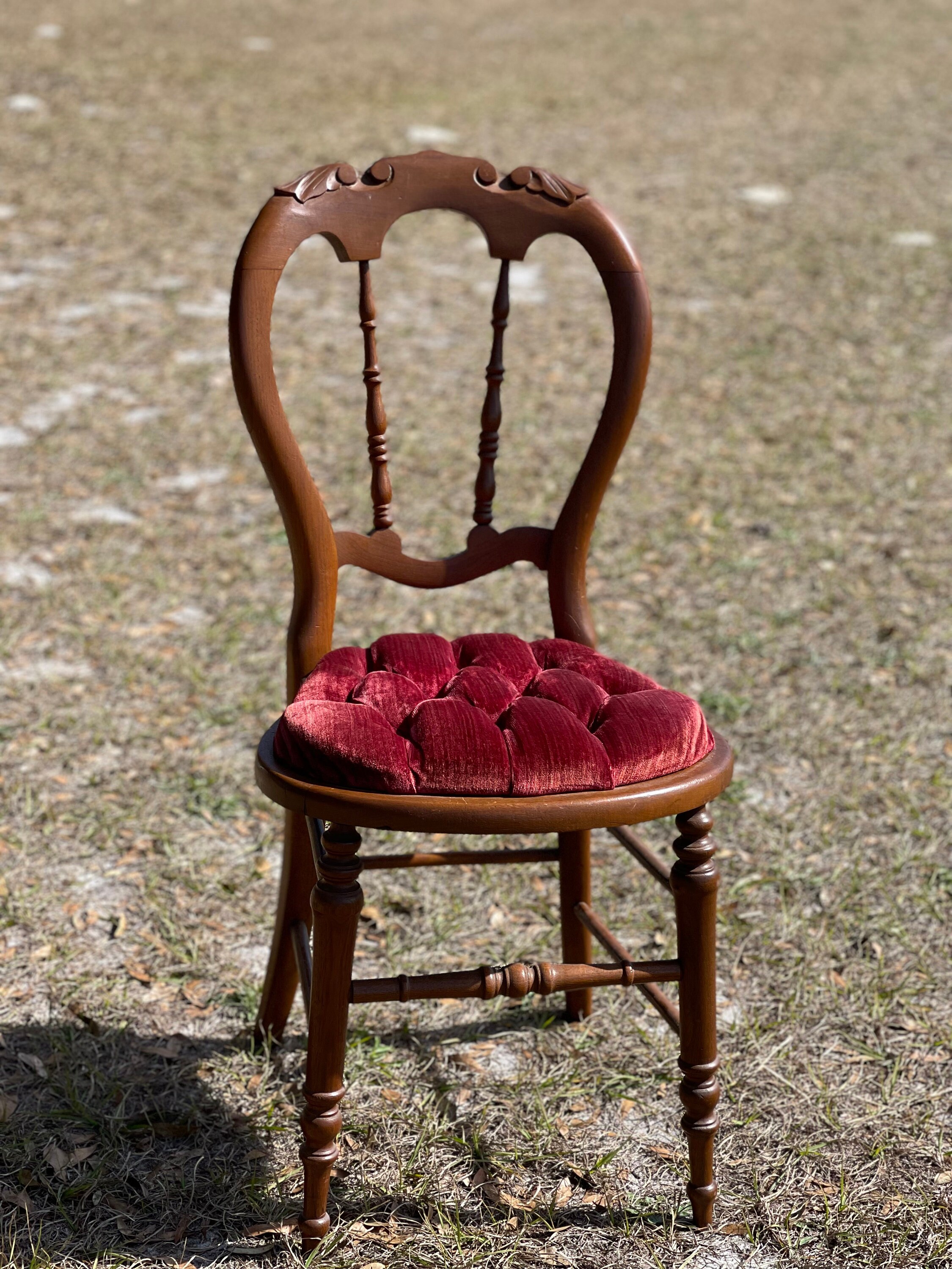 Vintage Wood Chair, Antique Chair, Tufted Velvet Chair