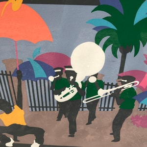 Puede incluir: Una ilustraci&oacute;n colorida de una banda de m&uacute;sica con una tuba, trompetas y tambores. La banda marcha por una calle con palmeras y sombrillas en el fondo.