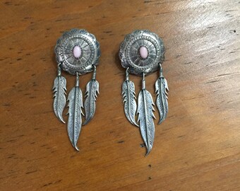 Vintage earrings, silver earrings, pink coral earrings, Navajo jewelry, Silver feather,handmade vintage jewelry, gift for her.