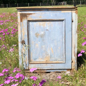May include: A single-door cabinet with a light blue painted finish. The cabinet has a simple design with a single door and a top shelf. The cabinet is weathered and shows signs of age. The cabinet is sitting in a field of pink flowers.