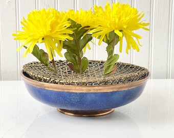 Antique cloisonné flower bowl frog, Asian decor,antique Chinese copper, cobalt blue porcelain, ornate metal,home decor, flower arrangement,