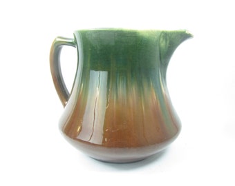 Vintage pitcher, jug, Pottery Pitcher, Vintage Pottery, Green Pitcher, kitchen decor, primitive decor, green, brown, drip glaze,