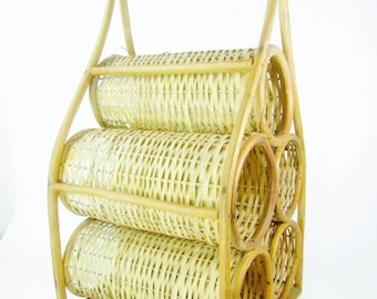 Rattan wine rack, vintage wine rack, wine holder, bottle holder, storage, towel rack, wine tote, wine basket, wicker wine rack, round rack,