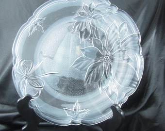 Serving platter, Glass plate,vintage plate,flower plate,poinsettia, clear plate,
