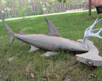 Shark Sculpture, Home Bar Decor, Man Cave, Restaurant Decor, fish mount, Deer Antlers, Folk Art, metal shark, One Of a Kind, Shark Week