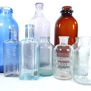 Antique bottle, Vintage bottle collection, colored bottles, collectible, embossed bottle, blue glass,brown glass,