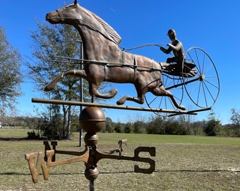 Antique Horse and Sulky Weathervane with directional, folk art, equestrian decor, metal horse weather vane, metal sculpture