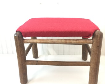 ViINTAGE FOOTSTOOL, ottoman, Farmhouse foot stool,vintage decor, red, Rustic  decor, natural  wood, upholstered stool,