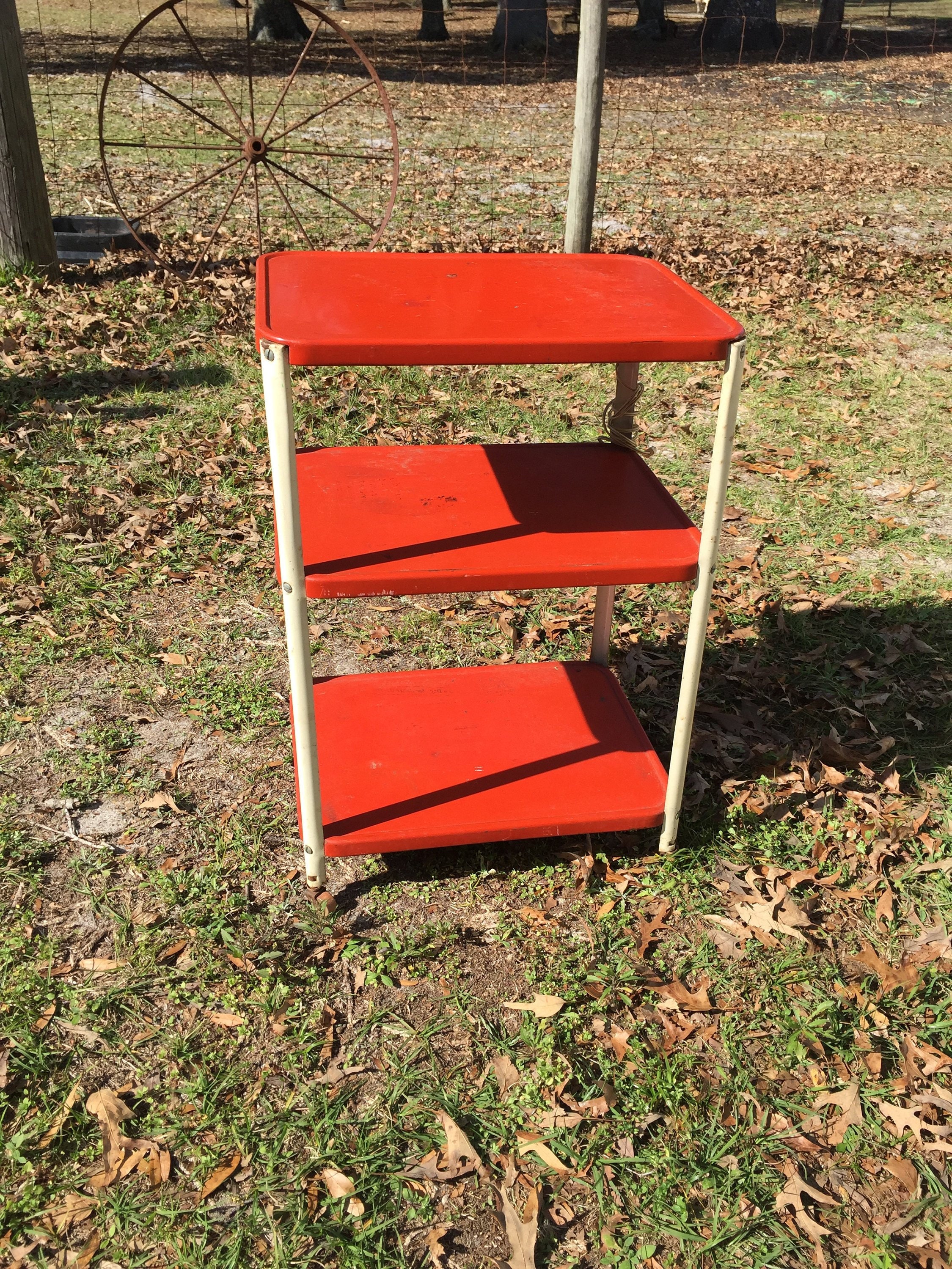 cosco serving cart folding gray on Retro Tea Trolley Rolling Cart Red Enamel Metal Cart Retro Etsy