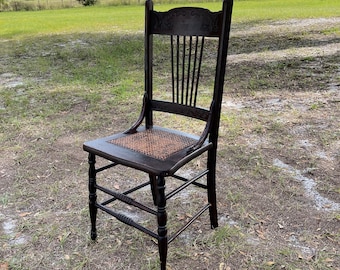 Press Back Chair, Antique Wood Chair, antique Furniture, dark Wood cane Chair, Dinning Chair, cane seat chair, spindle  back  Side Chair