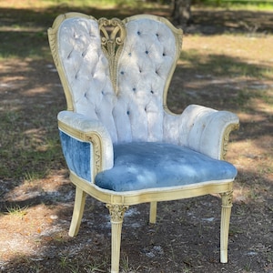 Vintage Chair, Wood chair, Furniture, upholstered heart chair, blue velvet,Louis XVI chair, Occasional chair, parlor chair, bedroom chair