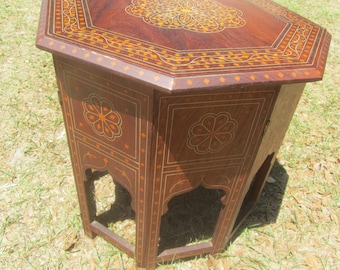Vintage table, wood table,Hand Carved table, Moroccan table, tea table, wood table,table, boho decor,ornate table, inlaid design,octagon,