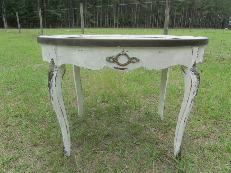 Shabby Chic Side Table Marble Top Copper Trim French Provincial Nordic Farmhouse Decor Fixer Upper Distressed White Furniture