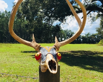 Vintage Antler Mount, Nine Point Deer Antler, Wall Decor,painted skull, deer skull,spooky,western decor, wall hanging, hunting lodge decor,