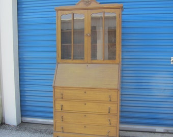 Vintage Secretary Desk, slant top desk, Furniture, Desk, Hutch, book self, China Cabinet, wood cabinet, glass doors,