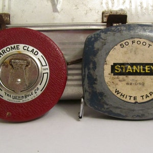 Vintage // Vintage Lufkin Retractable 50 Foot White Steel Measuring Tape,  Gray & Silver HW50 Circular Shaped Tape Measure, U.S.A. // 1950s 