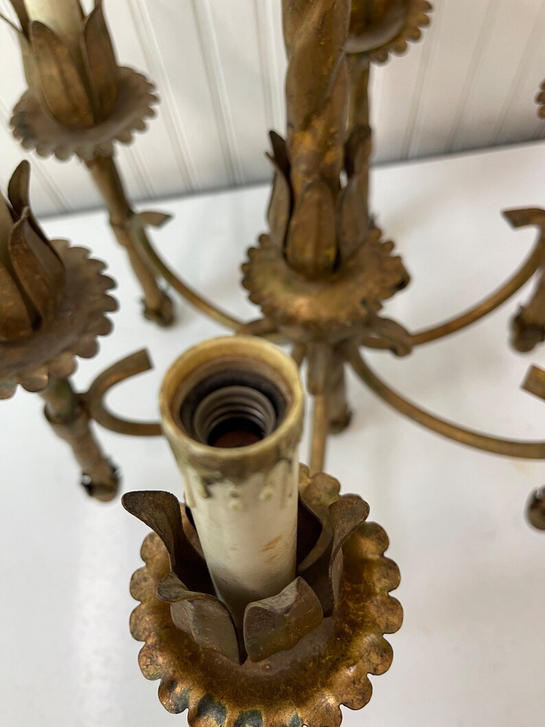 Pode incluir: Um candeeiro de teto de metal dourado com seis candelabros. Cada candeeiro tem uma base decorativa em forma de flor e uma tomada de porcelana branca.