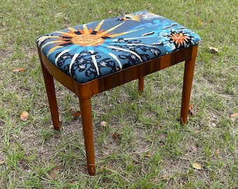 Vintage footstool,  vintage ornate ottoman, upholstered  foot stool,  cross-stitch stool, carved wood stool, Victorian  foot stool,