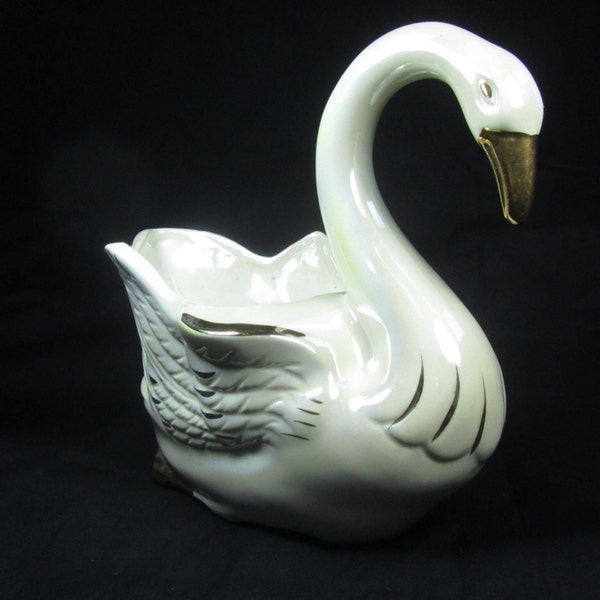 CERAMIC SWAN, Swan Art, Swan, Bird Planter, Art Deco, porcelain, gold trim,