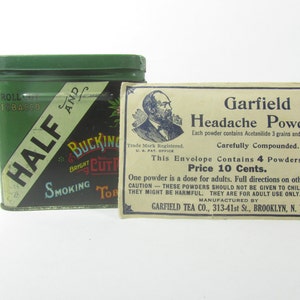 Vintage tin, tobacco, pharmaceutical, medicine, Garfield,1930s, antique advertising, headache powder, antique collectible, vintage display,