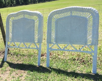 Vintage twin bed headboard, wicker headboard, farmhouse decor, pair, white wicker, beach decor, vintage furniture, Childs bed, single bed