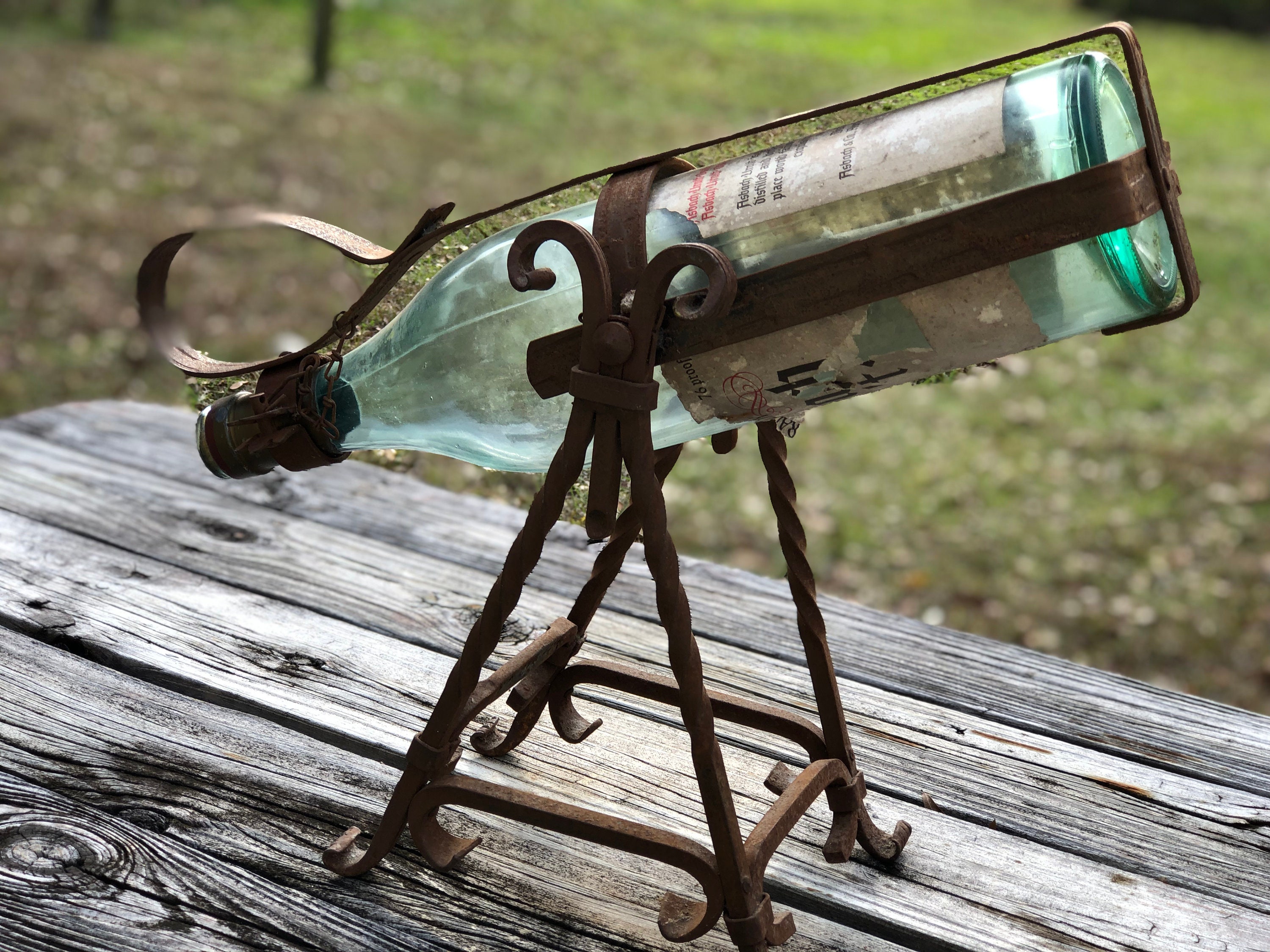 Asbach Uralt Bottle Holder, German Wrought Iron, Tilt and Pour