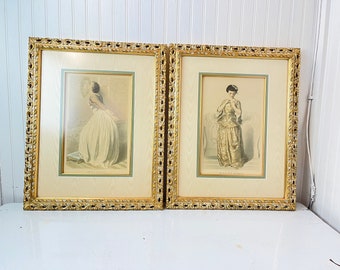 Framed Art, pair of pictures,French Women picture,fashion artwork, E.Gambart co., gold frames, dressing room decor, Victorian lady paintings