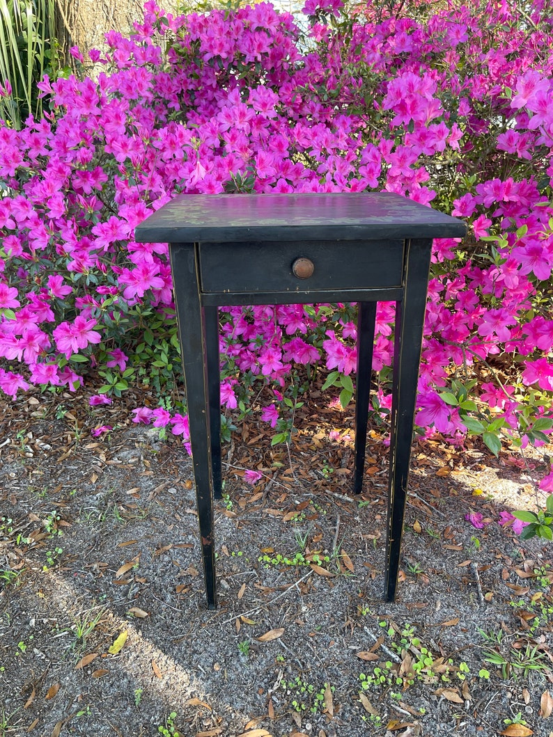 Hitchcock Side table, tole table, antique table, black accent table, nightstand, vintage end table, furniture, shabby chic decor, image 2
