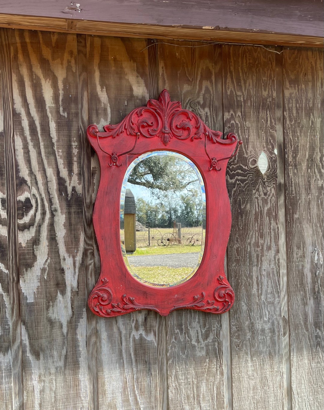 Antique Mirror Large Wall Mirror Wall Hanging Red Frame Etsy