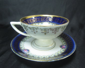 Vintage teacup and saucer set, gift, collectible tea cup, Blue Flowers and Gold Trimmed Tea Set, Bavaria, Tea Cup, China Dishes