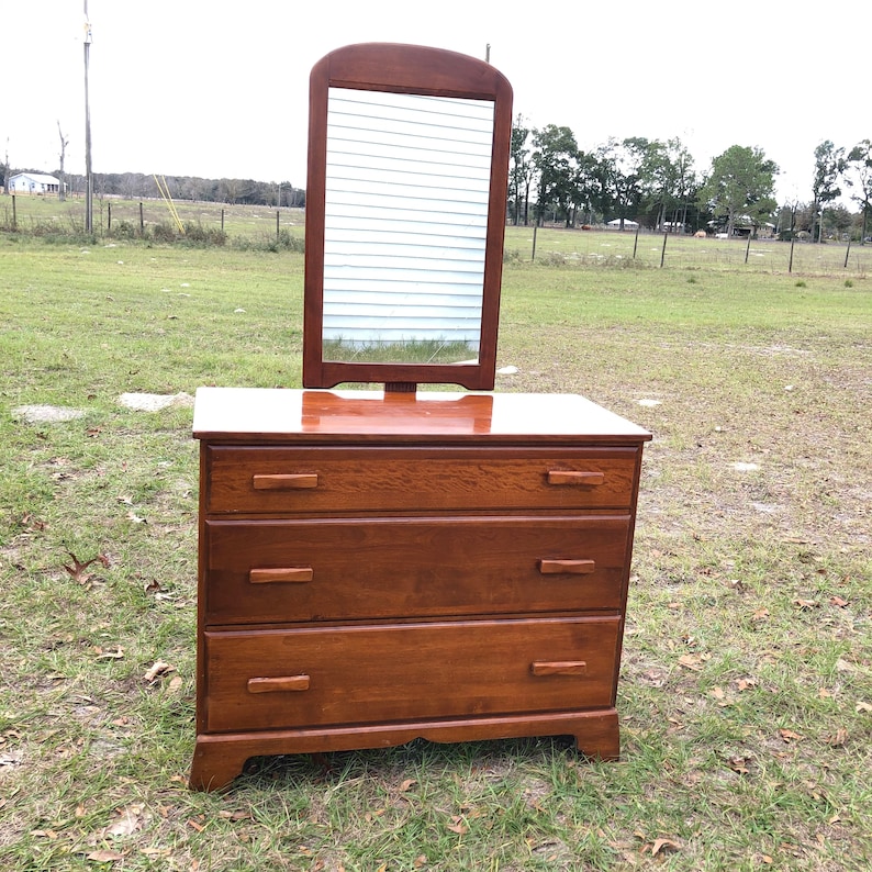 Vintage wood Dresser, wood furniture, dresser and mirror, farmhouse decor, rustic, bedroom decor, solid wood furniture, dovetail drawers image 1