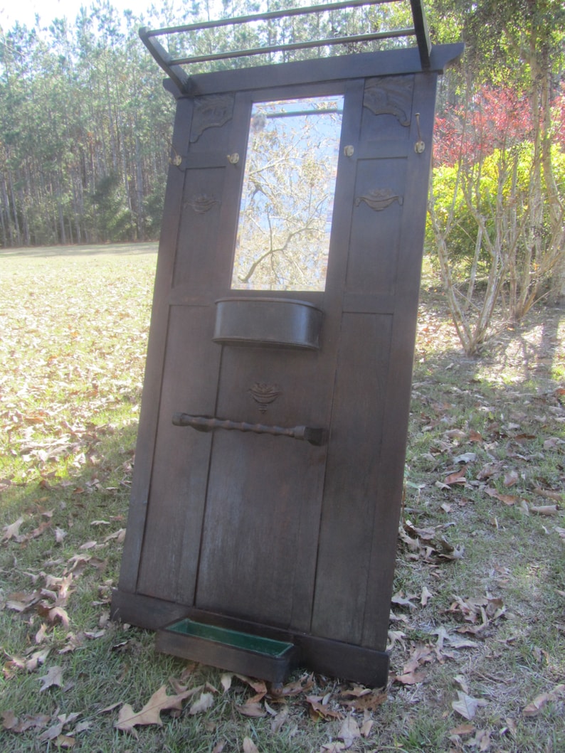 Antique Hall tree Beveled Mirror Umbrella Holder Coat Rack Etsy