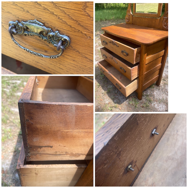 May include: Antique wooden dresser with three drawers and a mirror. The dresser is made of oak wood and has a dark brown finish. The drawers have ornate metal handles. The mirror is framed in wood and has a beveled edge.