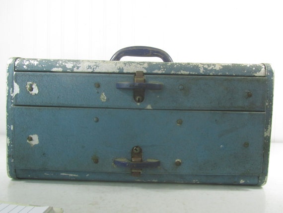 Vintage Metal Tackle Box, Blue Metal Box, Fishing Box, Tackle Box