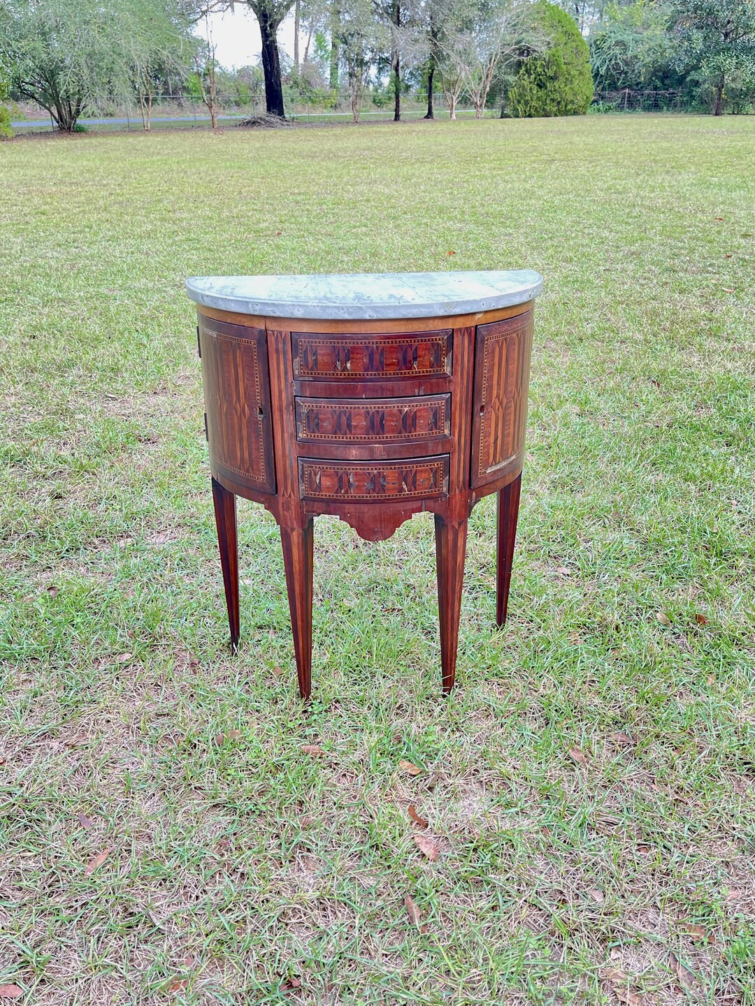 Vintage Marble Top Table, Side Table, Half Moon Table, French Inlaid