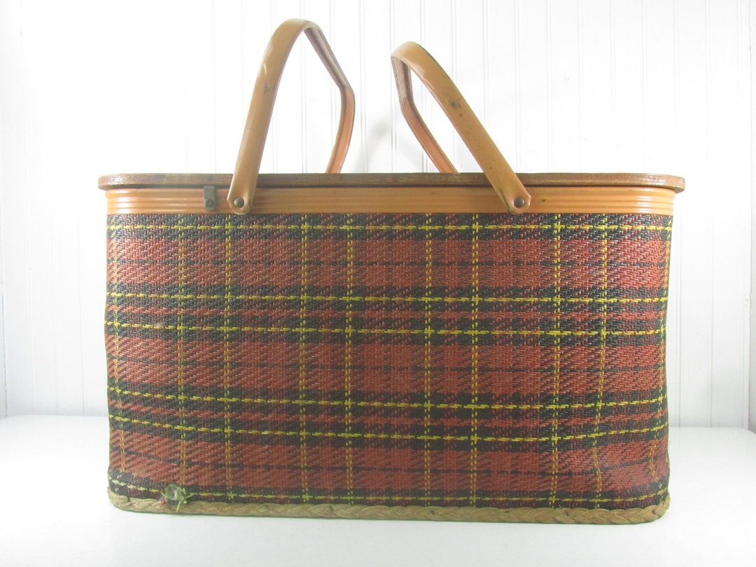 Vintage Plaid Picnic Basket, Metal Handle Basket, Red Yellow Black