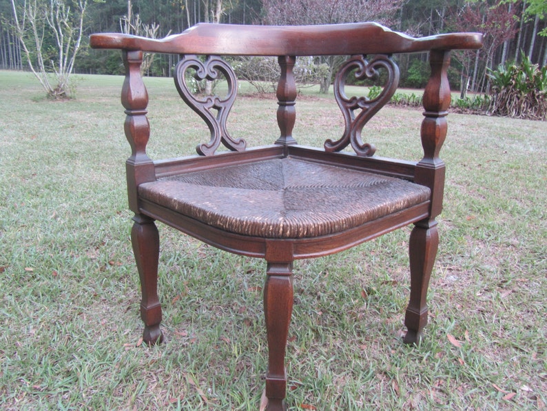 VINTAGE CORNER CHAIR, Century Chair, Wood Chair, vintage chair, ornate chair, Rush seat, wood chair, dining chair, occasional chair, image 1