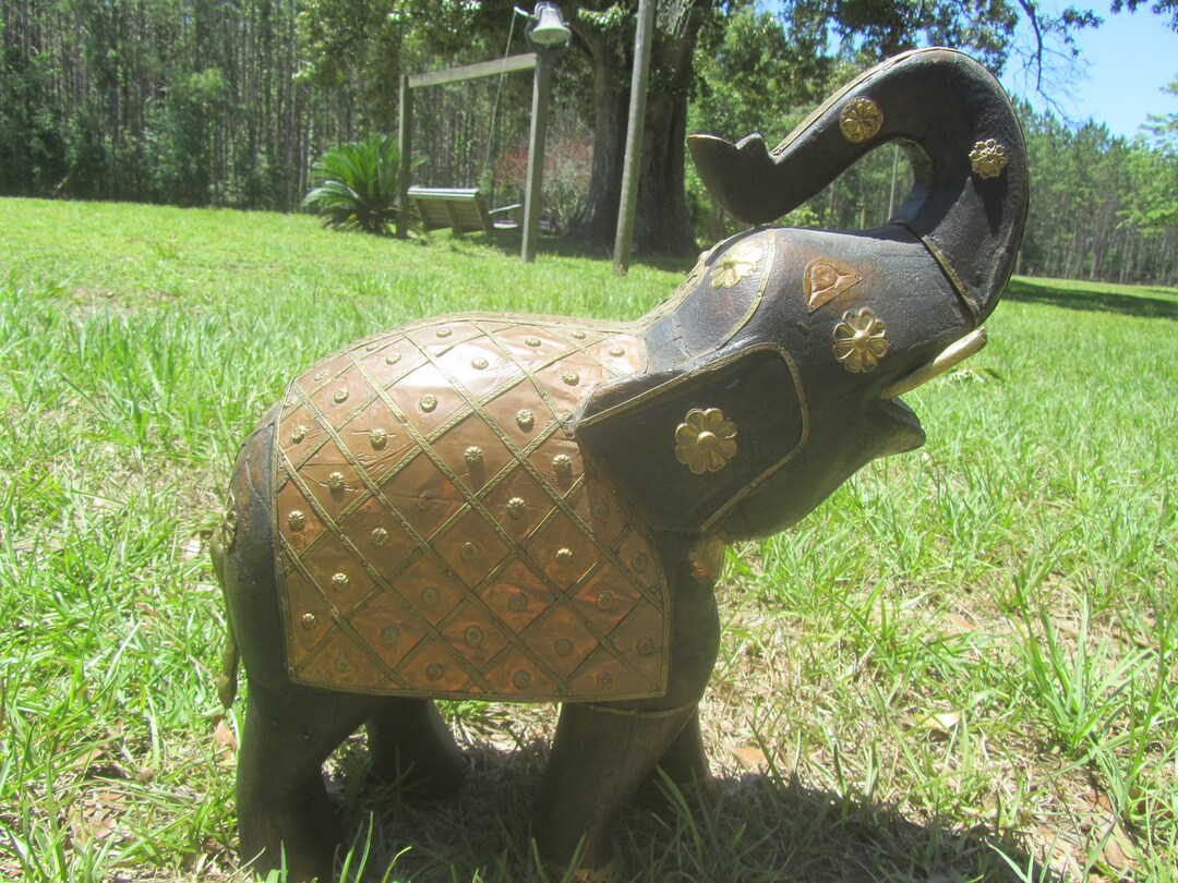 Elephant Brass and Wood Elephant Large Elephant Statue Etsy