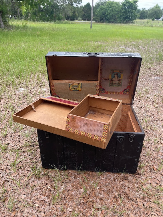 Antique Large Flat Top Storage Chest Vintage Steamer Trunk Leather Straps,  in 2023