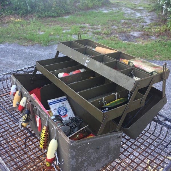 Vintage fishing lures, vintage metal tackle box, heddon lures,  Brown metal box, Fishing box, fishermen gift, photo prop, Tackle Box,