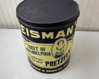 Antique Reisman Pretzel Can,vintage Advertising, Large Can, Metal