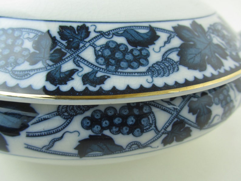 K&ouml;nnte beinhalten: Eine wei&szlig;e Porzellanschale mit einem blauen und goldenen Weinreben-Design. Die Schale hat einen gewellten Rand und einen goldenen Rand.