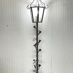Vintage Wrought-iron Pole Lamp, floral design pole lamp, Rose Flower Design, tall floor lamp, vintage lighting, foot light switch